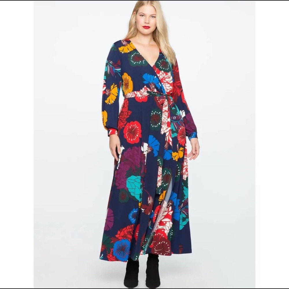 Eloquii Maxi Dress Wrap V Neck Floral Tied Waist